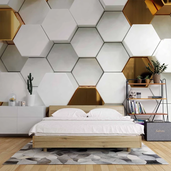 3 Boyutlu Gold Beyaz Altıgen Modern Duvar Kağıdı Baskı - Resim 2