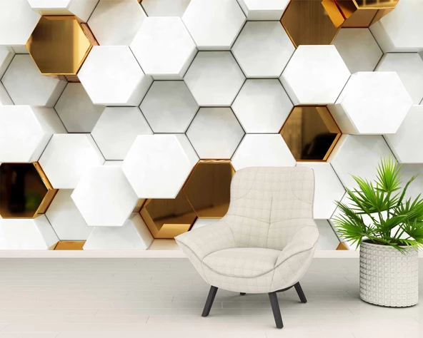 3 Boyutlu Gold Beyaz Altıgen Modern Duvar Kağıdı Baskı - Resim 5