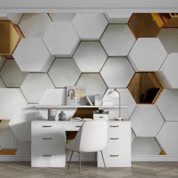 3 Boyutlu Gold Beyaz Altıgen Modern Duvar Kağıdı Baskı - Resim 4