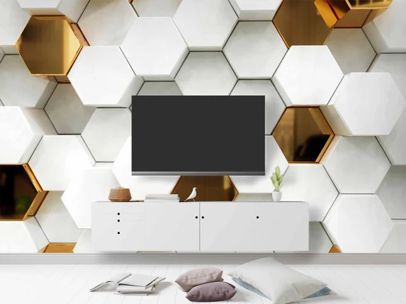 3 Boyutlu Gold Beyaz Altıgen Modern Duvar Kağıdı Baskı - Resim 3