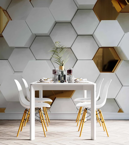 3 Boyutlu Gold Beyaz Altıgen Modern Duvar Kağıdı Baskı - Resim 6