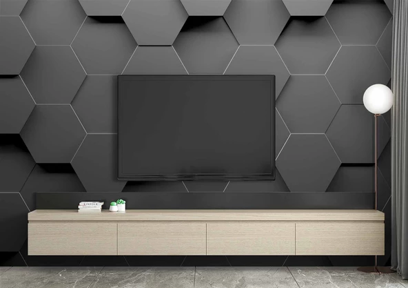 3 Boyutlu Antrasit Altıgen Duvar Kağıdı Baskı - Resim 3