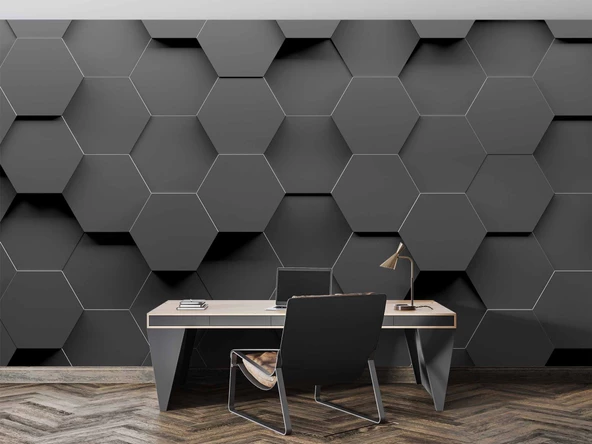 3 Boyutlu Antrasit Altıgen Duvar Kağıdı Baskı - Resim 4