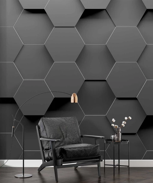 3 Boyutlu Antrasit Altıgen Duvar Kağıdı Baskı - Resim 6