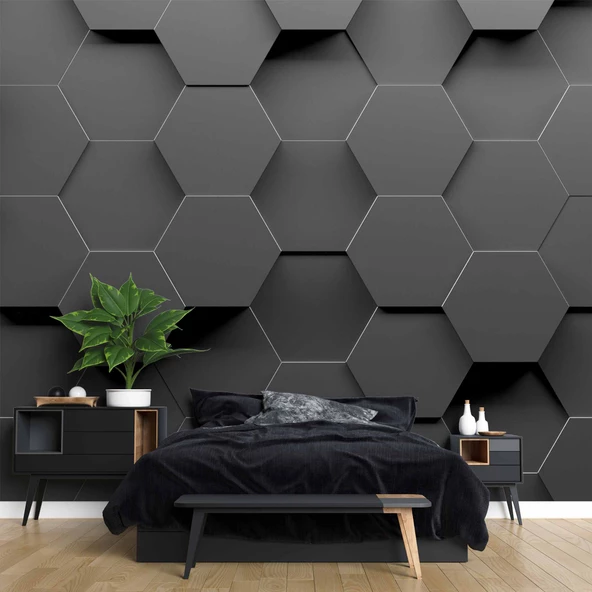 3 Boyutlu Antrasit Altıgen Duvar Kağıdı Baskı - Resim 2