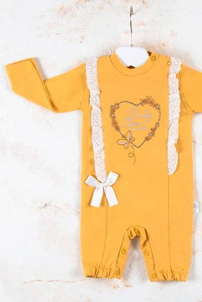 3-12 Ay Kız Bebek Tulumu Love Kalp Nakışlı Sarı