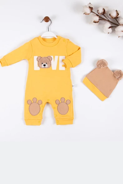 3-9 Ay Erkek Bebek Tulumu Love Bear Nakışlı Sarı