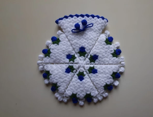 Banyo Lifi Yün El Örmesi 3'lü Ceyizlik Seti Çiçek Desenli MAVİ - 2