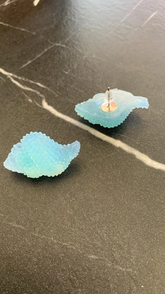 Buz Mavisi Renkli Beyaz Sedefli İstiridye Şekil Epoksi Küpe Gümüş Aksesuarlı El Yapımı Hediyelik - Resim 8