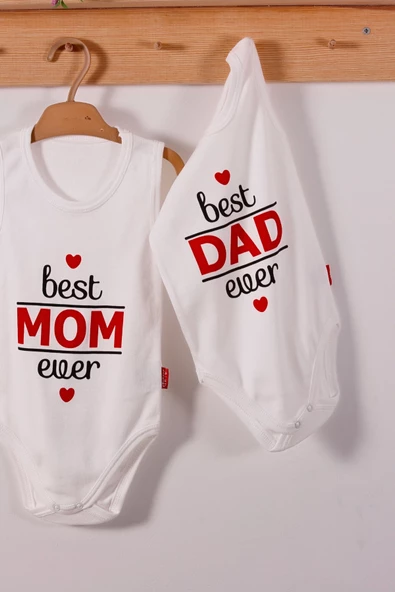 Yeni Doğan 3-12 Ay Best Mom ve Dad Askılı Unisex Body Beyaz