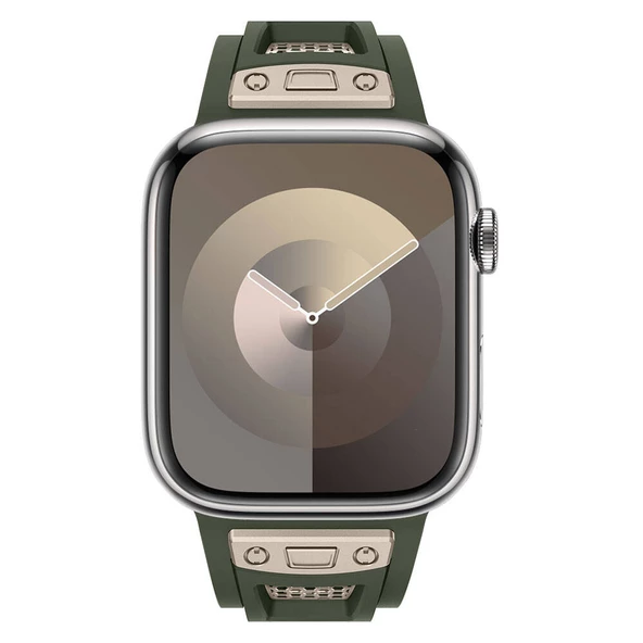 Apple Watch 1 2 3 4 5 6 7 8 9 Se Ultra 49/45/44/42 mm KRD-117 Hava Alabilen Delikli Metal Süslemeli Desenli Silikon Kordon - Resim 11