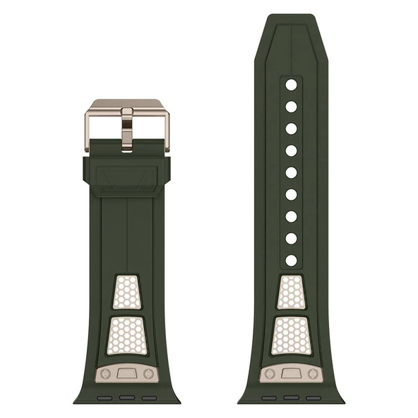 Apple Watch 1 2 3 4 5 6 7 8 9 Se Ultra 49/45/44/42 mm KRD-117 Hava Alabilen Delikli Metal Süslemeli Desenli Silikon Kordon - Resim 7