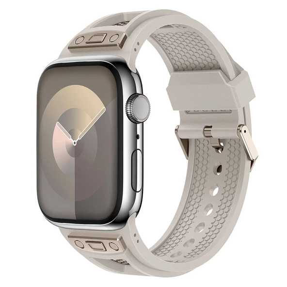 Apple Watch 1 2 3 4 5 6 7 8 9 Se Ultra 49/45/44/42 mm KRD-117 Hava Alabilen Delikli Metal Süslemeli Desenli Silikon Kordon