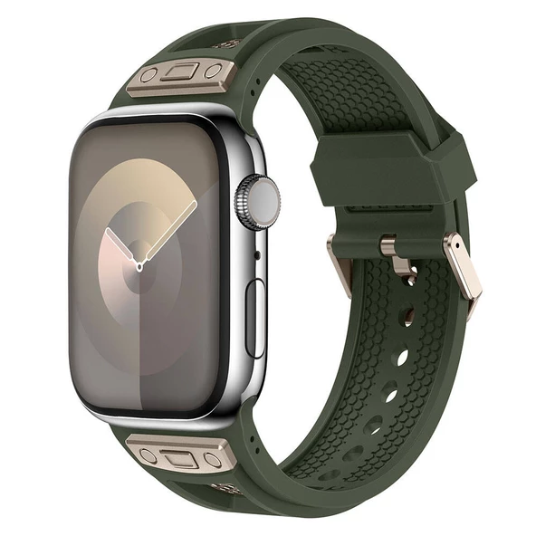 Apple Watch 1 2 3 4 5 6 7 8 9 Se Ultra 49/45/44/42 mm KRD-117 Hava Alabilen Delikli Metal Süslemeli Desenli Silikon Kordon - Resim 3