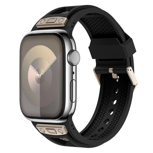 Apple Watch 7 45mm Zore KRD-117 Hava Alabilen Delikli Metal Süslemeli Desenli Silikon Kordon