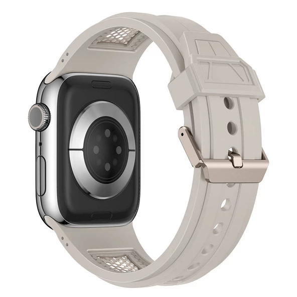 Apple Watch 1 2 3 4 5 6 7 8 9 Se Ultra 49/45/44/42 mm KRD-117 Hava Alabilen Delikli Metal Süslemeli Desenli Silikon Kordon - Resim 6