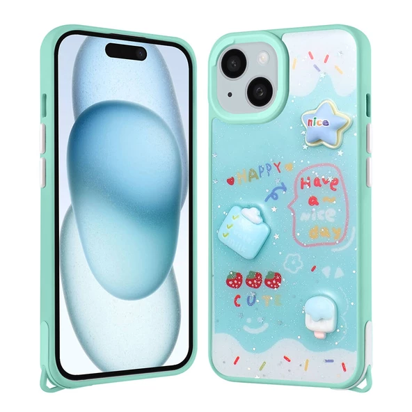 Apple iPhone 15 Kılıf Parlayan Simli Kabartma Figürlü Zore Cevze Kapak - Resim 5