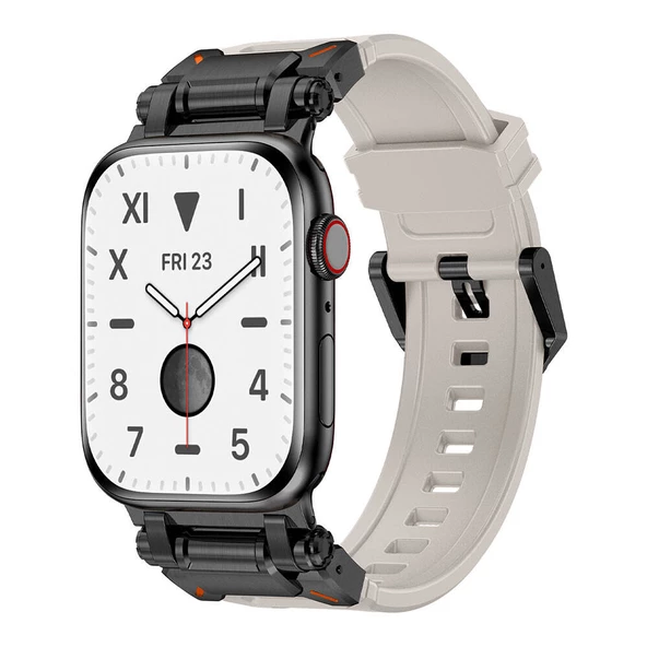 Apple Watch 1 2 3 4 5 6 7 8 9 Se Ultra 49/45/44/42 mm KRD-101 Titanyum Metal Başlıklı Silikon Kordon - Resim 3