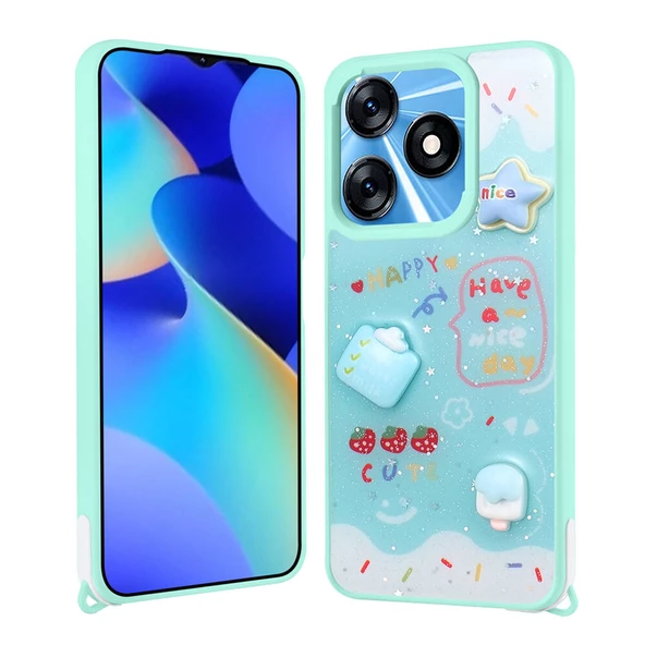 Tecno Spark 10 4G Kılıf Parlayan Simli Kabartma Figürlü Zore Cevze Kapak - Resim 5