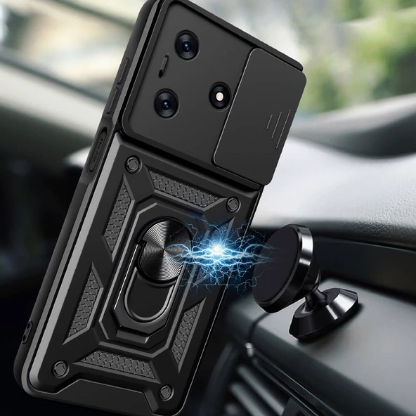 Tecno Spark 10C Kılıf Magnetik Standlı Kamera Korumalı Zore Sürgülü Vega Kapak - Resim 5
