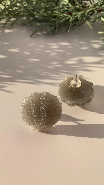 Parlak Gri Duman Renkli Midye Şekil Gümüş Aksesuarlı Epoksi Küpe El Yapımı Hediyelik - 3