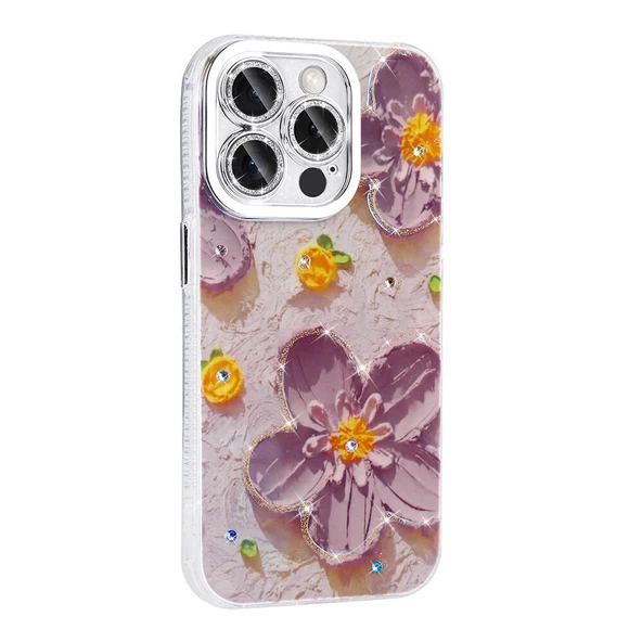 Apple iPhone 14 Pro Max Kılıf Çiçek Desenli Parlak Taşlı Sert Silikon Zore Garden Kapak - Resim 8