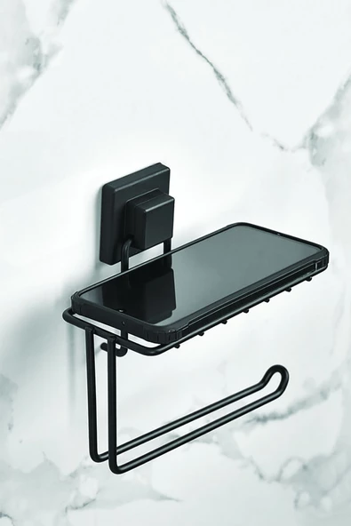 Kare Başlıklı Telefon Standlı Yapışkanlı Siyah WC Kağıtlık - 2