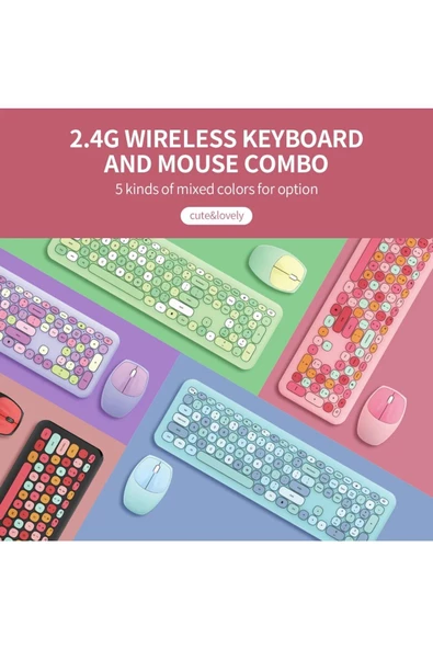 "Renkli ve Şık Tasarımlı Kablosuz Klavye & Mouse Set - Laptop ve PC Uyumlu, Uzun Pil Ömrü, Ergonomik Kullanım, Sessiz Tuşlar" - 9