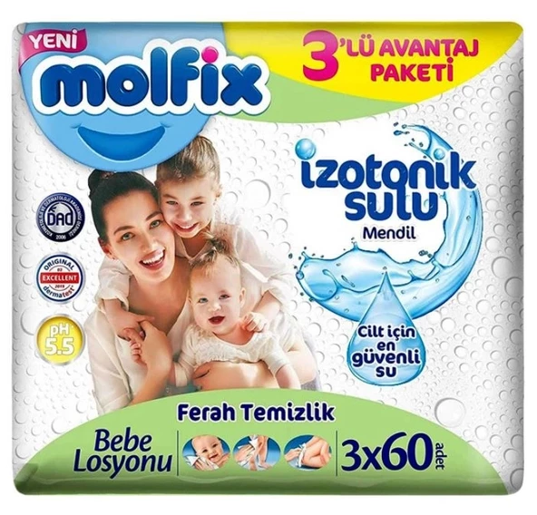 Molfix İzotonik Sulu Ferah Temizlik Islak Havlu Mendil 3'Lü 180 Yaprak