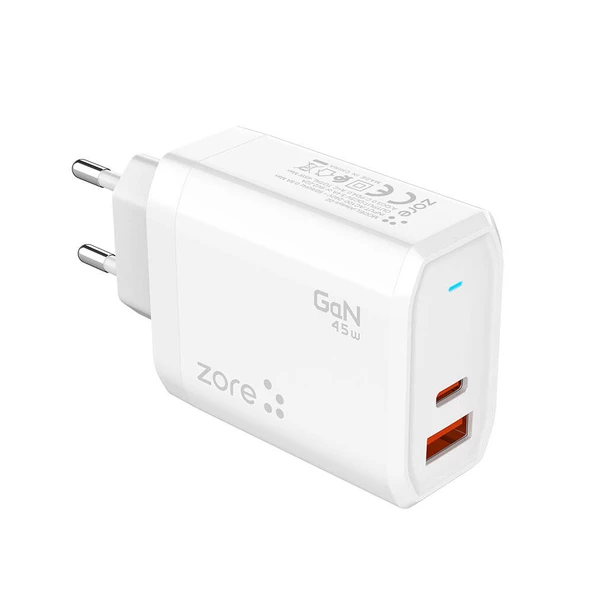 Zore Always-02 GaN Tech Type-C PD4.0 USB-A QC3.0 Hızlı Şarj Özellikli Seyahat Şarj Başlığı 45W