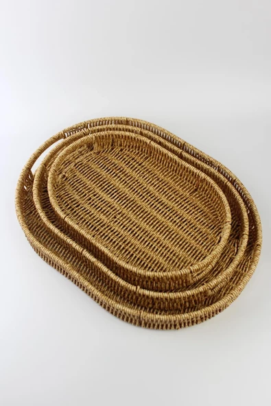 3 lü Rattan Tepsi Dekoratif Tepsi Hasır Örme Tepsi Oval Krem Turk-Alg11331