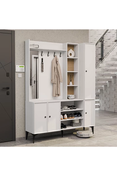 Mezza 5050 VERONA 4 PROFİL KAPAKLI 4 ASKILI 15 RAFLI SOL AYNALI PORTMANTO BEYAZ YUNUS - 4