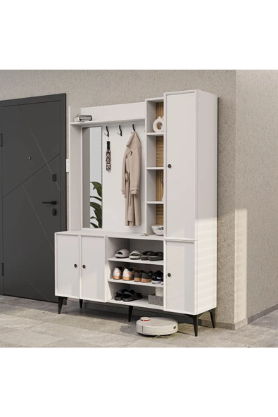 Mezza 5050 VERONA 4 PROFİL KAPAKLI 4 ASKILI 15 RAFLI SOL AYNALI PORTMANTO BEYAZ YUNUS