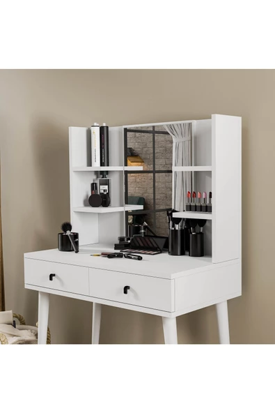 Mezza 2200 LUCKY AYNALI (AHŞAP AYAKLI) 2 ÇEKMECELİ 80 CM MAKYAJ MASASI BEYAZ - 6