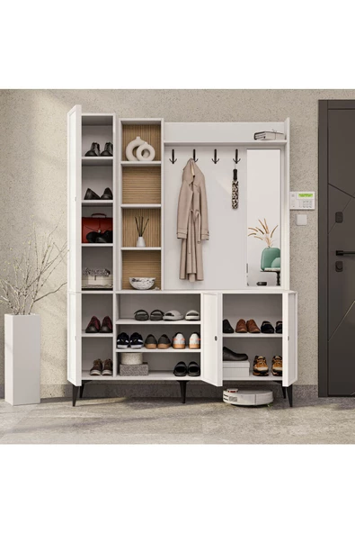 Mezza 5051 VERONA 4 PROFİL KAPAKLI 4 ASKILI 15 RAFLI SAĞ AYNALI PORTMANTO BEYAZ YUNUS - 5