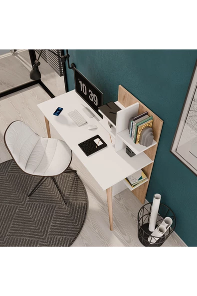 Mezza 1924 RUBY 120 CM AHŞAP AYAKLI ÇALIŞMA MASASI SEPET-BEYAZ - 5