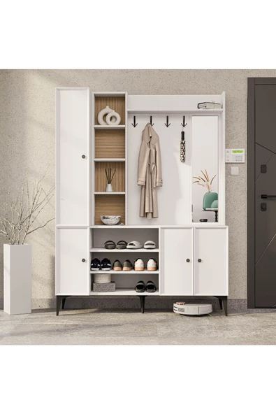 Mezza 5051 VERONA 4 PROFİL KAPAKLI 4 ASKILI 15 RAFLI SAĞ AYNALI PORTMANTO BEYAZ YUNUS - 3