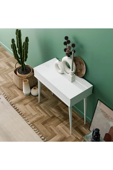 Mezza 2220 FLORA DÜŞER KAPAKLI AYNALI (AHŞAP AYAKLI) 80 CM MAKYAJ MASASI DRESUAR ÇALIŞMA MASASI BEYAZ - 3