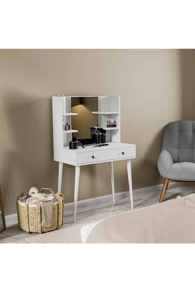 Mezza 2200 LUCKY AYNALI (AHŞAP AYAKLI) 2 ÇEKMECELİ 80 CM MAKYAJ MASASI BEYAZ - 5