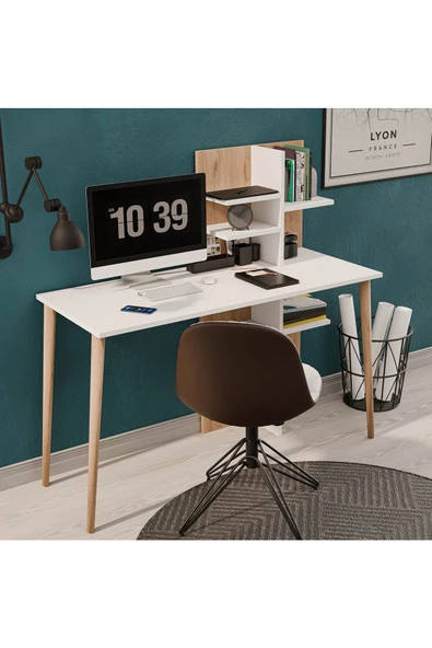 Mezza 1924 RUBY 120 CM AHŞAP AYAKLI ÇALIŞMA MASASI SEPET-BEYAZ - 4