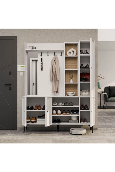 Mezza 5050 VERONA 4 PROFİL KAPAKLI 4 ASKILI 15 RAFLI SOL AYNALI PORTMANTO BEYAZ YUNUS - 5