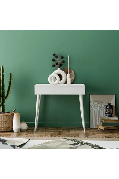 Mezza 2220 FLORA DÜŞER KAPAKLI AYNALI (AHŞAP AYAKLI) 80 CM MAKYAJ MASASI DRESUAR ÇALIŞMA MASASI BEYAZ - 7