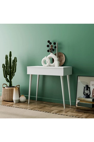 Mezza 2220 FLORA DÜŞER KAPAKLI AYNALI (AHŞAP AYAKLI) 80 CM MAKYAJ MASASI DRESUAR ÇALIŞMA MASASI BEYAZ - 5