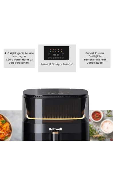 Robwell Robx Rxo5 Son Teknoloji Otomatik Buhar Püskürtmeli Airfryer 10 Renkli Işıklı Menü - 3