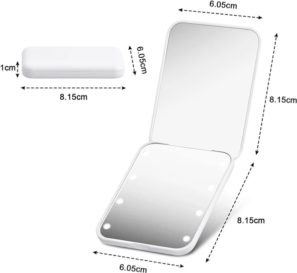 Valkyrie 8 LED Işıklı Cep Çanta Cüzdan Makyaj Aynası - 1X 3X Yakınlaştırma - Zarif ve Hafif Tasarım - Katlanabilir Ayna Beyaz - 3