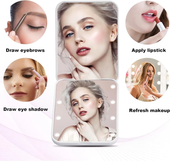 Valkyrie 8 LED Işıklı Cep Çanta Cüzdan Makyaj Aynası - 1X 3X Yakınlaştırma - Zarif ve Hafif Tasarım - Katlanabilir Ayna Beyaz - 7