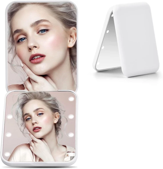 Valkyrie 8 LED Işıklı Cep Çanta Cüzdan Makyaj Aynası - 1X 3X Yakınlaştırma - Zarif ve Hafif Tasarım - Katlanabilir Ayna Beyaz - 2