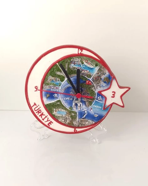 Saat Tabak Ayyıldız Duvar Süsü Masa Saati Analoğ Biblo Dekor Seramik