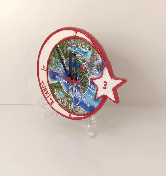 Saat Tabak Ayyıldız Duvar Süsü Masa Saati Analoğ Biblo Dekor Seramik - 4