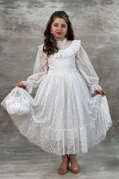 Kız Çocuk Kolları ve Yakası Şeffaf Tül ve Fırfır Detaylı Beyaz Elbise - Resim 3